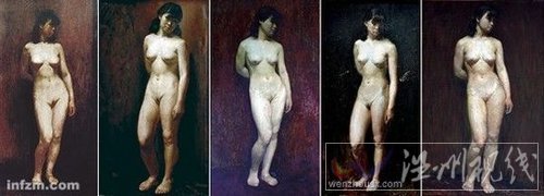 資料圖：10位中央美院學生同時發布了5幅與《人體蔣碧薇女士》場景、人物都相同的畫作，稱均是當時的習作。從左到右：沈嘉蔚習作，李斌習作，劉晨煌習作，陳承齊習作，王延青習作